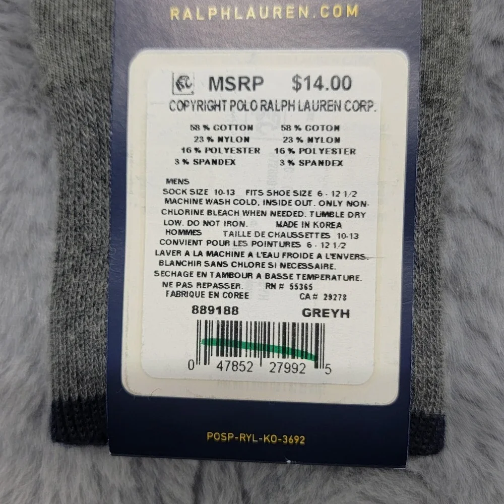 Polo Ralph Lauren Socks‎ Mens 10-13 Gray Preppy Polo Bear Crest Mid Calf Cotton